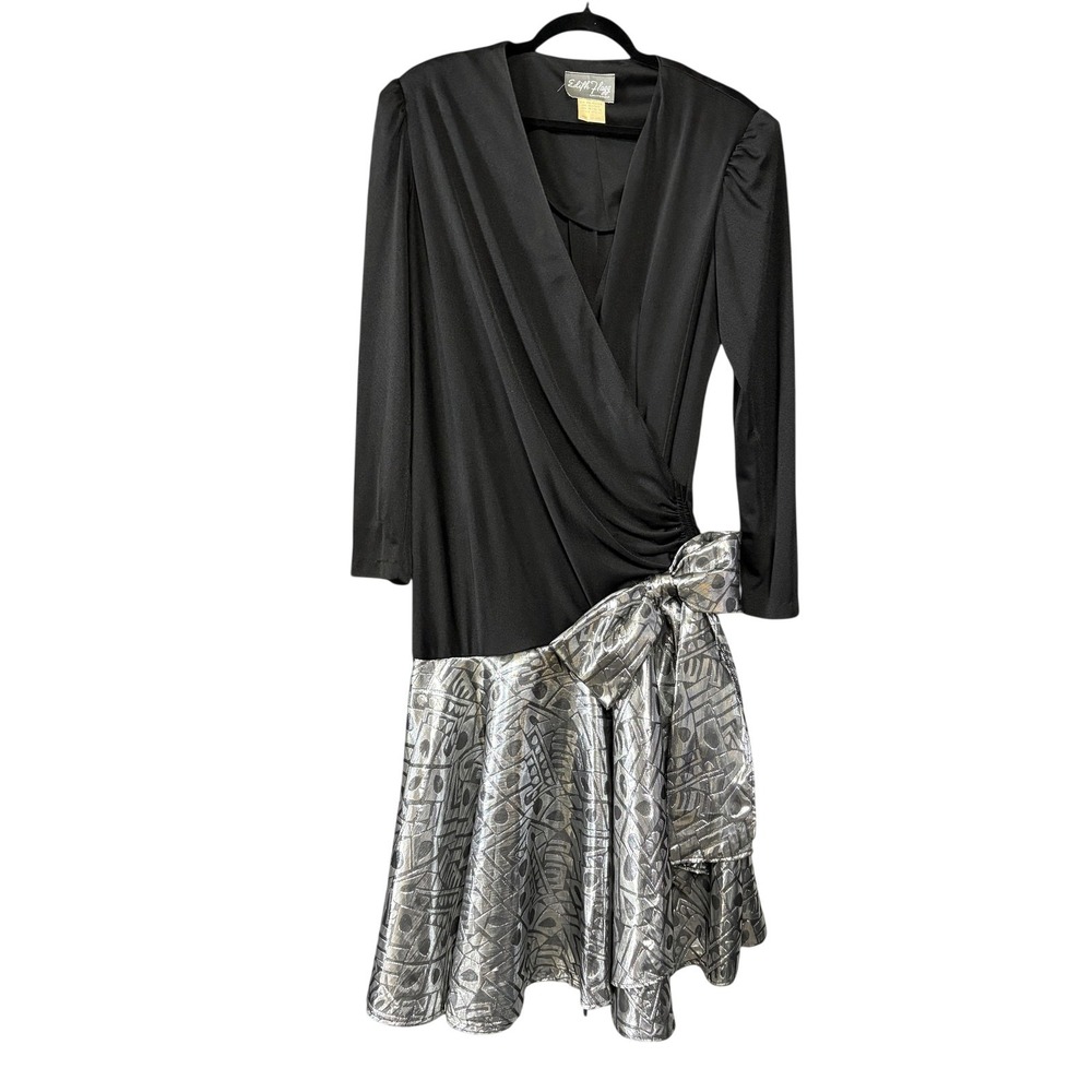 Vintage Edith Flagg Wrap Dress Womens 14 Black Silver Metallic Bow 80s Midi